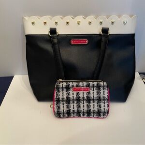Betsey Johnson Black and White Tote with Heart Accents and Scalloped Edge